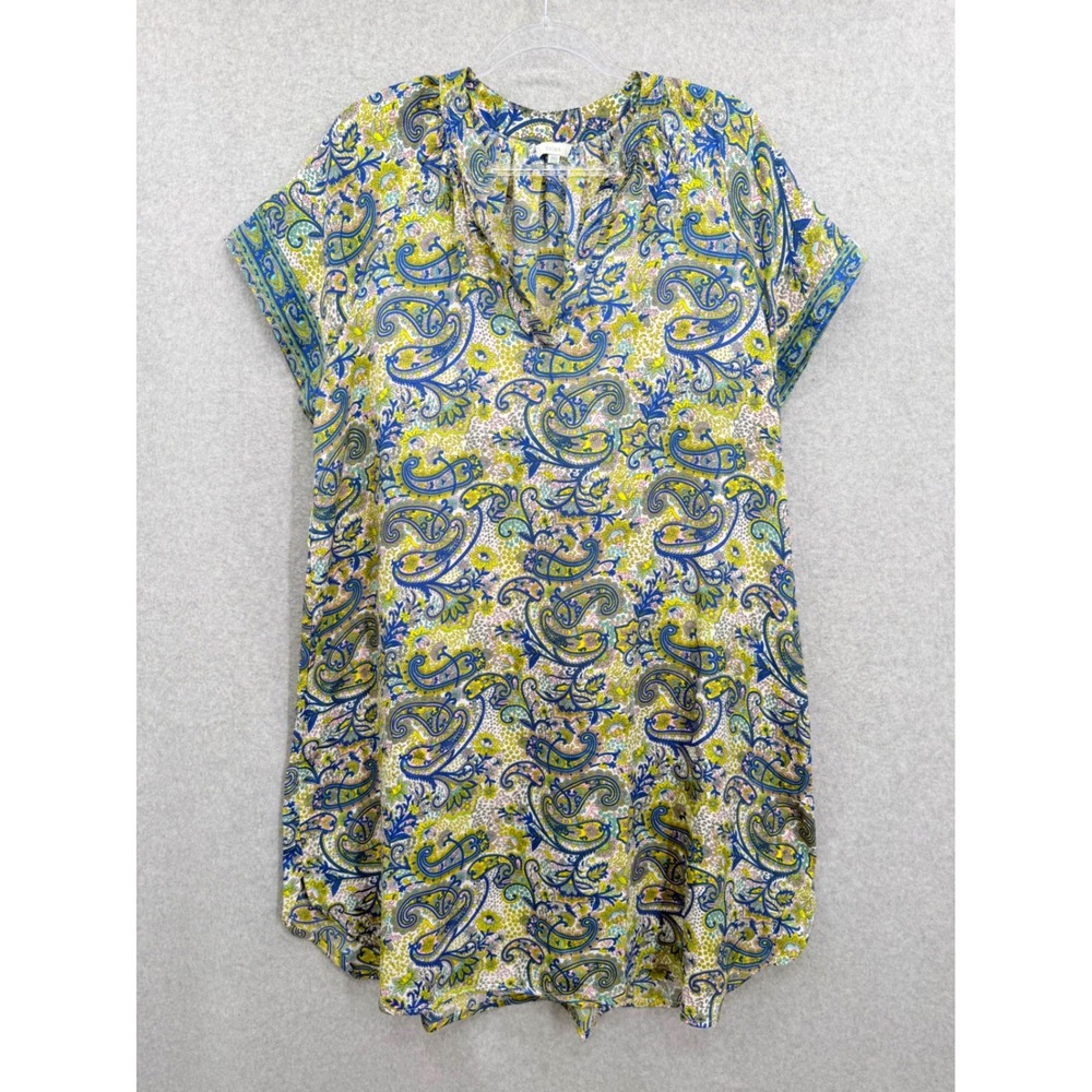 Dolma Tunic Top Dress Women OS Blue‎ Yellow Paisley Silk Blend Split Neck